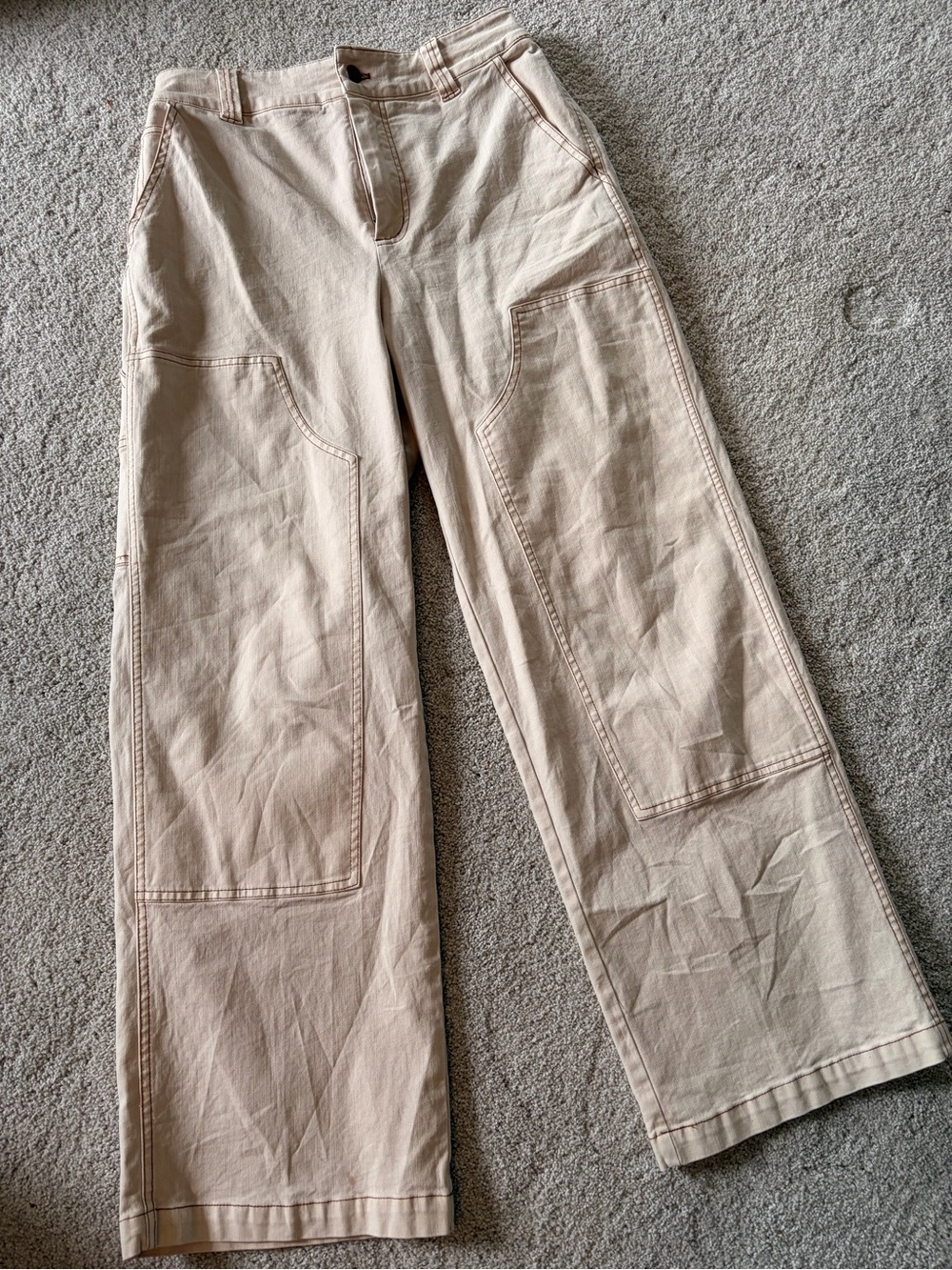 Beige Straight-Leg Utility Pants
